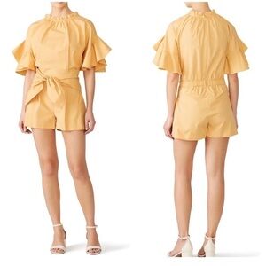 Genny Italy Peach Elbow Length Bell Ruffle
Sleeves Tie Belt Pockets Romper Sz 6